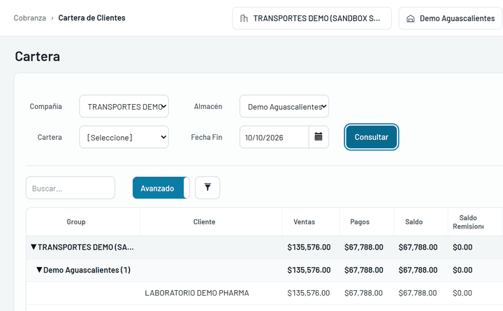 Cartera de clientes de CUBOSOFT: ventas, pagos y saldo por cliente, agrupados por empresa y almacén