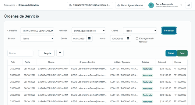 Órdenes de servicio de CUBOSOFT: folio, cliente, origen y destino, unidad y operador, estatus y factura de cada viaje