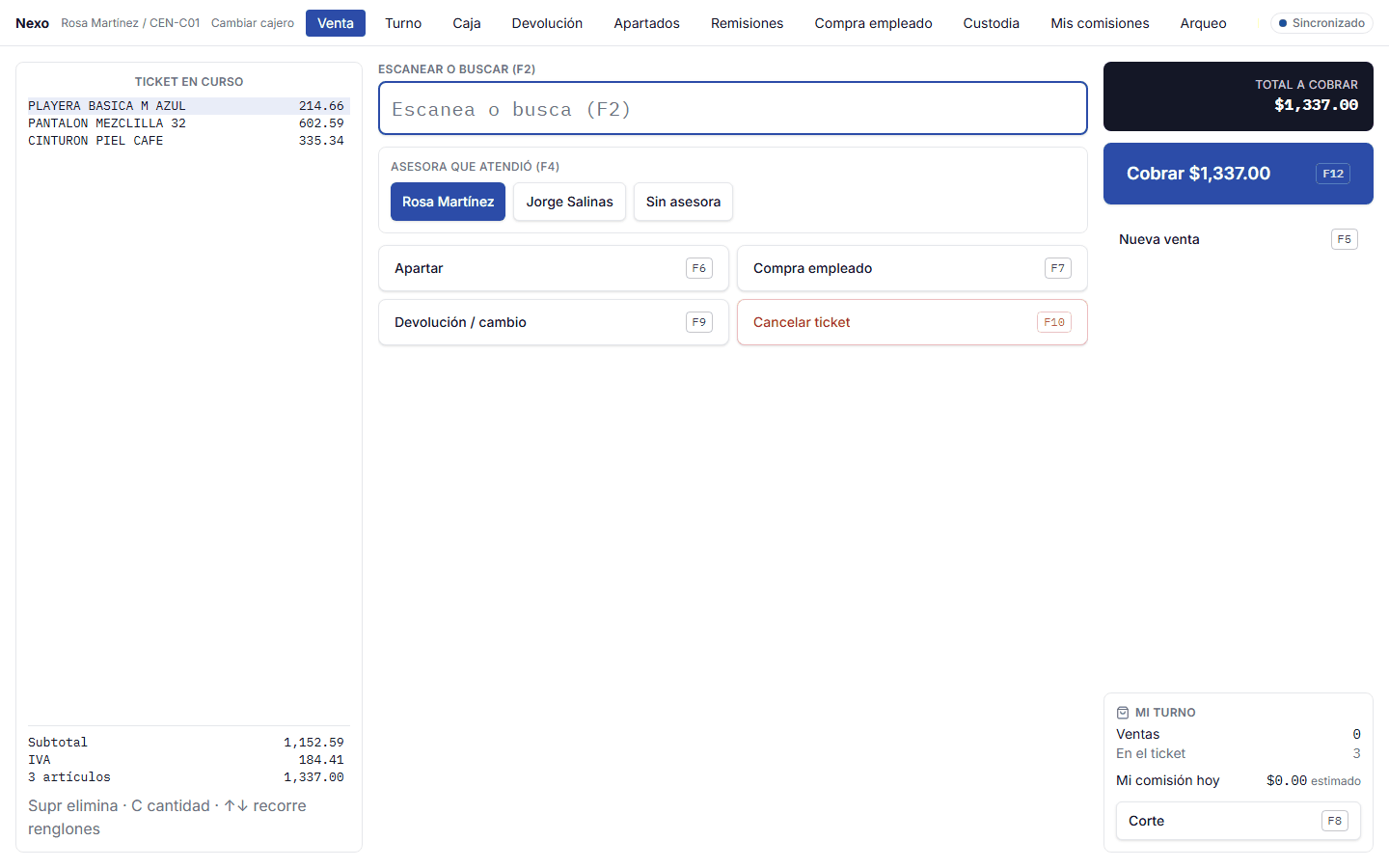 Pantalla de venta de Nexo: ticket en curso, asesora que atendió y total a cobrar